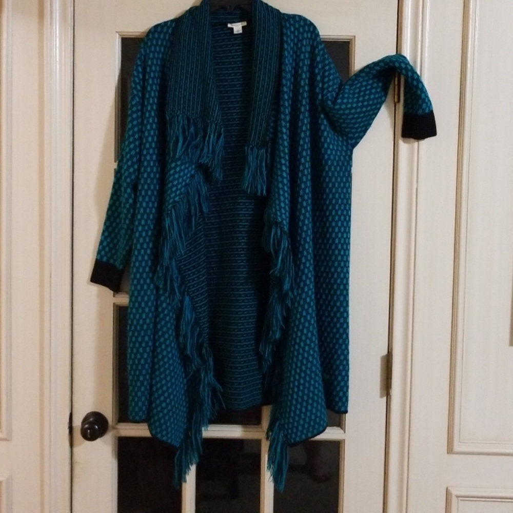Long turquoise and black sweater coat